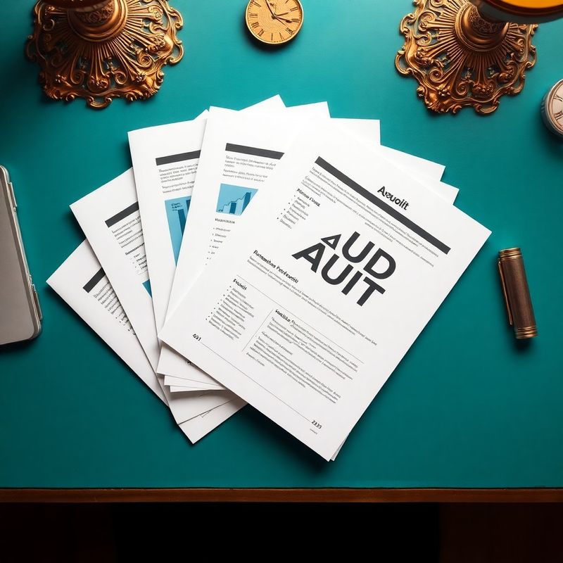 Pohled shora na rozložené stránky SEO audit reportu na stole s tealovými akcenty