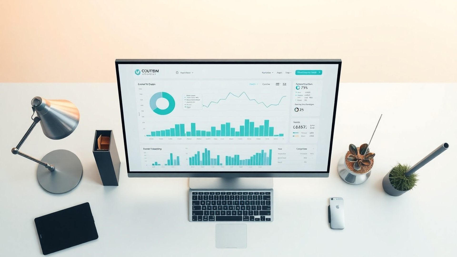 Datový dashboard v tealově laděném rozhraní na minimalistickém pracovním stole